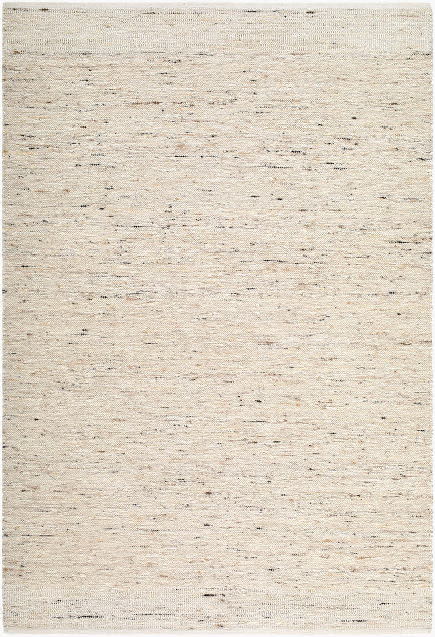 Close-up of the Zhigulevsk Area Rug. Hand-woven wool rug in beige, tan, and charcoal with a subtle textured pattern. Design-Rectangle-576