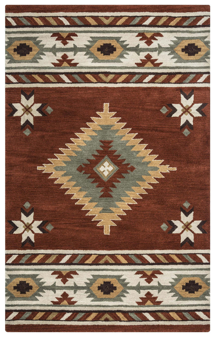 Close-up of the Rizzy SU1822 area rug. Hand-tufted wool rug in navy, off-white, red, sage, and tan Southwestern pattern. Design-Rectangle