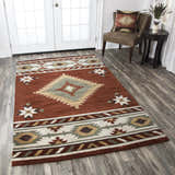 Entryway with Rizzy SU1822 Southwestern rug in navy, off white, red, sage, and tan. Hand-tufted wool rug. Roomscene-Rectangle