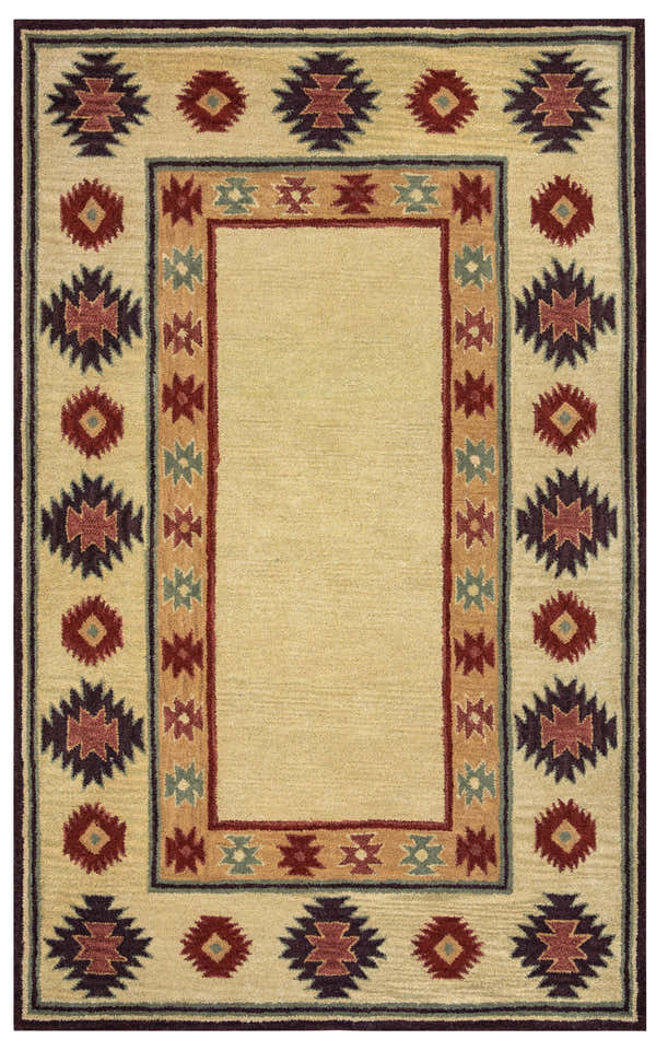 Beige Rizzy SU2015 area rug with Southwestern style. Hand-tufted wool rug with burgundy, navy, and sage geometric patterns. Design-Rectangle