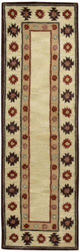 Close-up of Rizzy SU2015 runner rug. Beige center, burgundy and navy Southwestern pattern, hand-tufted 100% wool texture. Design-Runner