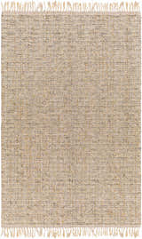 Close-up of the Amiel Beige Rug. Hand woven texture in clay, dark gray, khaki, light peach, and walnut with fringe. Design-Rectangle-576