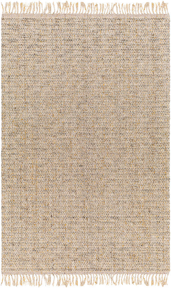 Close-up of the Amiel Beige Rug. Hand woven texture in clay, dark gray, khaki, light peach, and walnut with fringe. Design-Rectangle-576