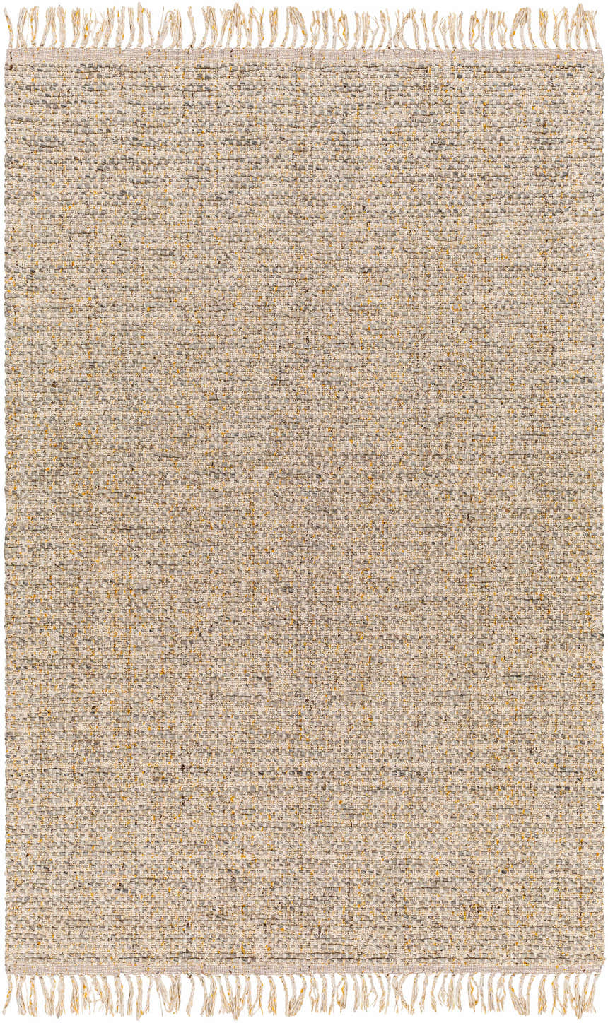 Close-up of the Amiel Beige Rug. Hand woven texture in clay, dark gray, khaki, light peach, and walnut with fringe. Design-Rectangle-576