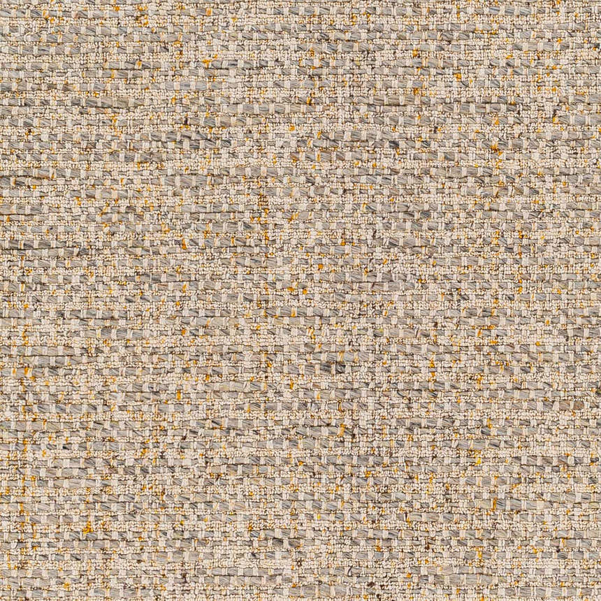 Close-up of the hand woven Amiel Beige Area Rug, showing its texture and colors: beige, gray, and hints of peach. Swatch