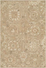 Close-up of the Lanune Traditional Handmade Area Rug. Beige wool rug with ivory floral and vine pattern. Hand-tufted texture. Design-Rectangle-576