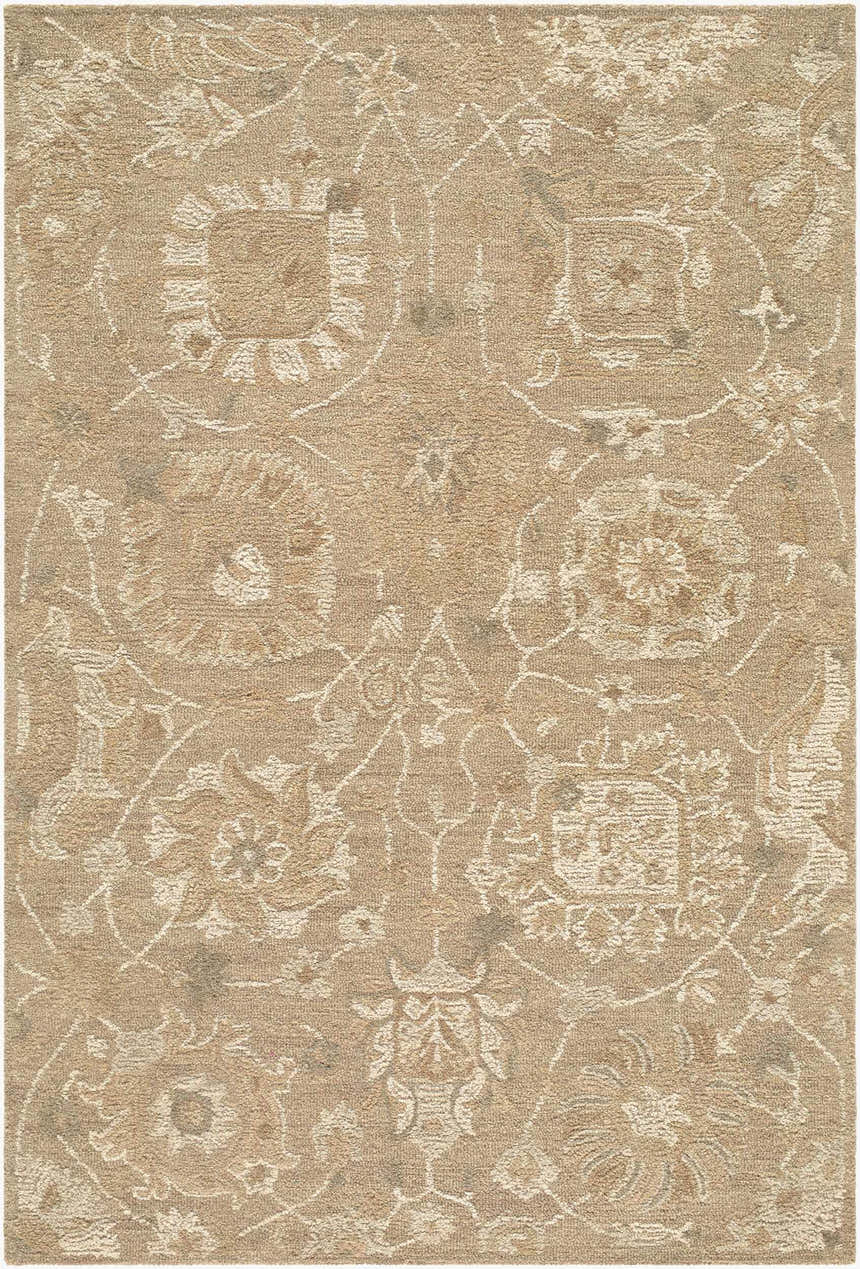 Close-up of the Lanune Traditional Handmade Area Rug. Beige wool rug with ivory floral and vine pattern. Hand-tufted texture. Design-Rectangle-576