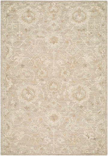 Close-up of the Vililo Traditional Handmade Area Rug. Beige, ivory, and sandstone floral pattern on hand-tufted wool. Design-Rectangle-576