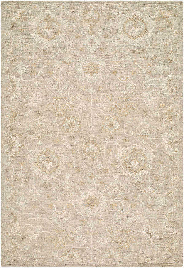 Close-up of the Vililo Traditional Handmade Area Rug. Beige, ivory, and sandstone floral pattern on hand-tufted wool. Design-Rectangle-576