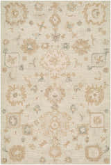 Close-up of the Kyvyne Traditional Handmade Area Rug. Wool rug with ivory, rose, sage, and taupe floral pattern. Design-Rectangle-576