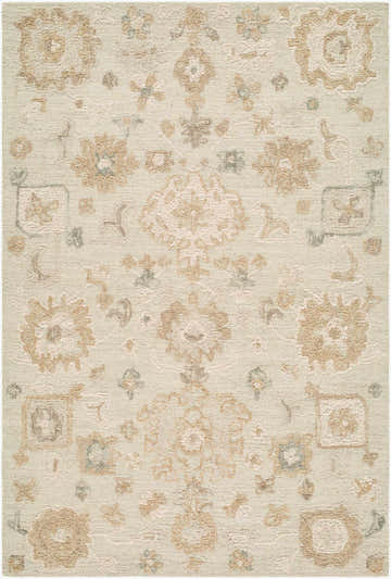 Close-up of the Kyvyne Traditional Handmade Area Rug. Wool rug with ivory, rose, sage, and taupe floral pattern. Design-Rectangle-576
