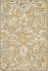 Close-up of the Bunopi Traditional Handmade Area Rug. Beige, cream, light gray, and mustard floral pattern. Hand-tufted wool texture. Design-Rectangle-576