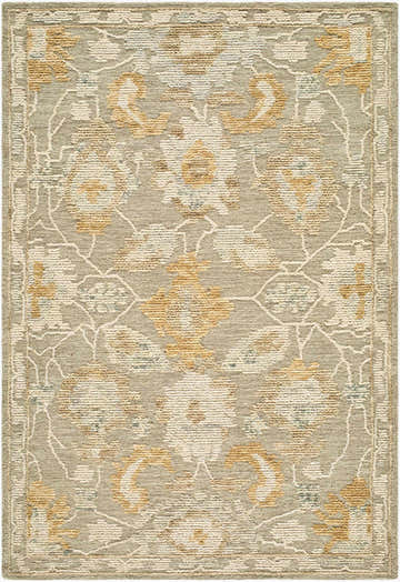 Close-up of the Bunopi Traditional Handmade Area Rug. Beige, cream, light gray, and mustard floral pattern. Hand-tufted wool texture. Design-Rectangle-576