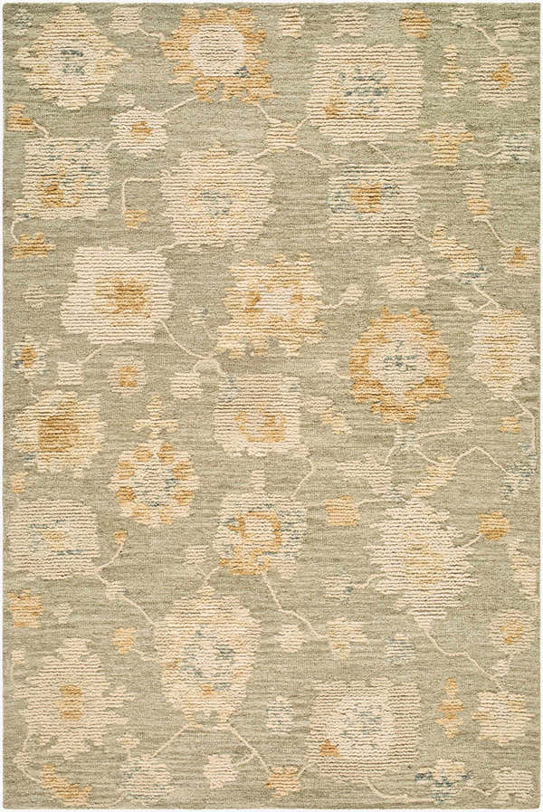 Close-up of the Rihuce Traditional Handmade Area Rug; sage green wool with cream, pale pink, and sky blue floral pattern. Design-Rectangle-576