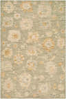 Close-up of the Rihuce Traditional Handmade Area Rug; sage green wool with cream, pale pink, and sky blue floral pattern. Design-Rectangle-576