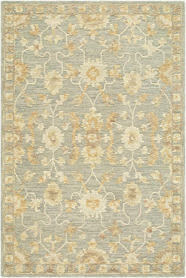 Close-up of the Novavu Traditional Handmade Area Rug. Ivory, sage, sandstone, and yellow floral pattern on wool rug. Design-Rectangle-576