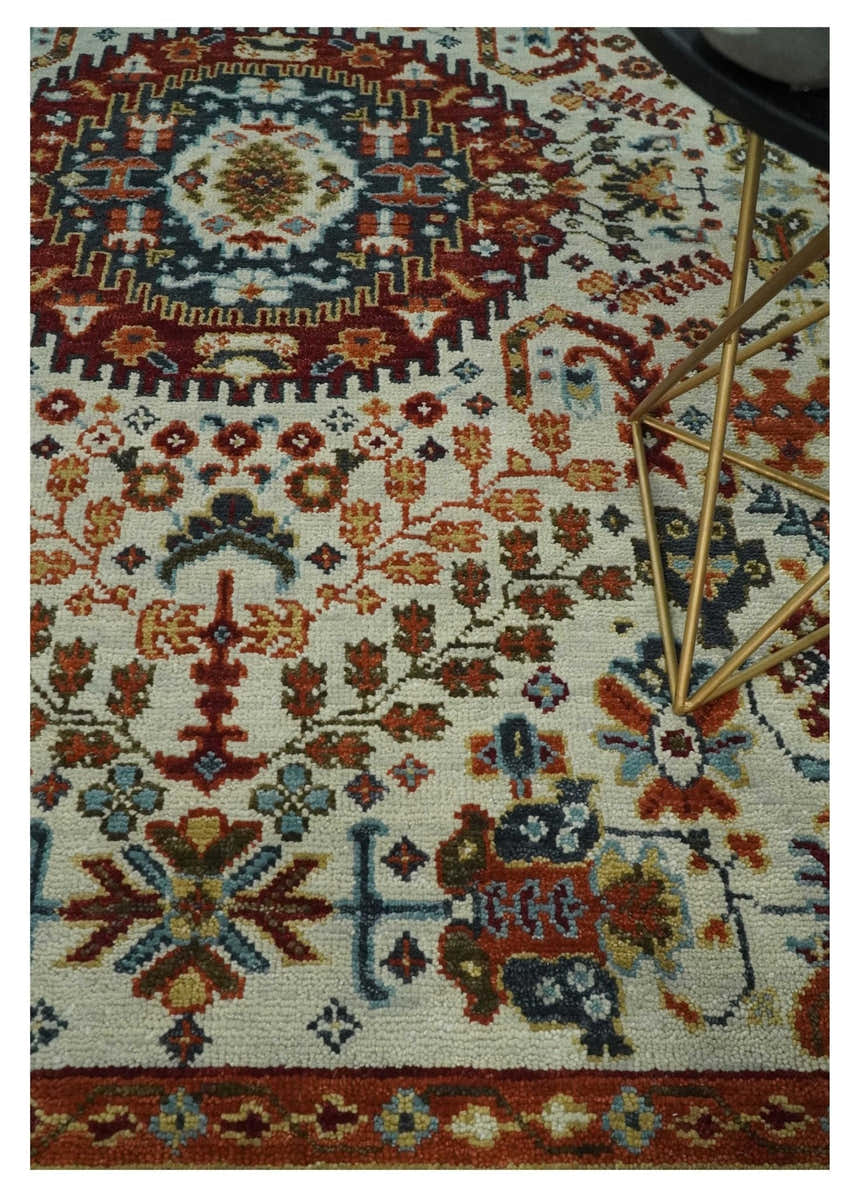 Tabriz Antique Hand Knotted Traditional Ivory and Rust Multi Size Wool Rug
