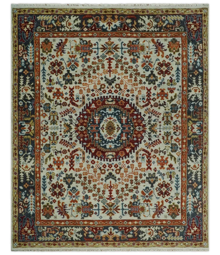 Tabriz Antique Hand Knotted Traditional Ivory and Rust Multi Size Wool Rug