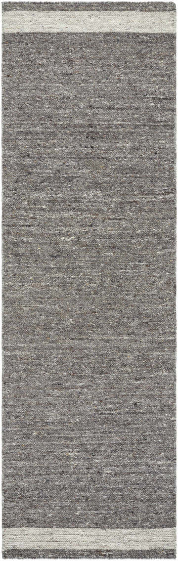 Close-up of the hand-tufted Tiran Gray Wool Area Rug. Features a textured gray weave and ivory stripes on each end. Design-Runner-310