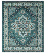Teal and Silver Traditional Heriz Floral Hand Knotted Multi Size wool Area Rug
