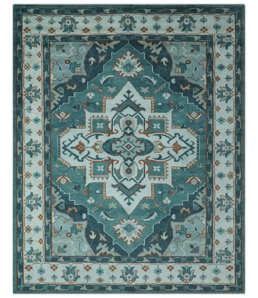 Teal and Silver Traditional Heriz Floral Hand Knotted Multi Size wool Area Rug