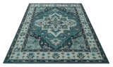 Teal and Silver Traditional Heriz Floral Hand Knotted Multi Size wool Area Rug