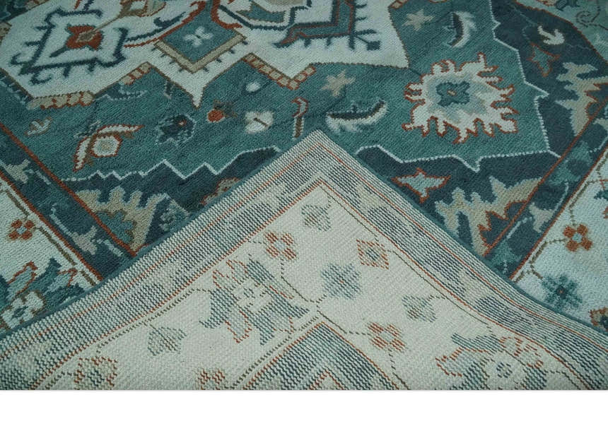 Teal and Silver Traditional Heriz Floral Hand Knotted Multi Size wool Area Rug
