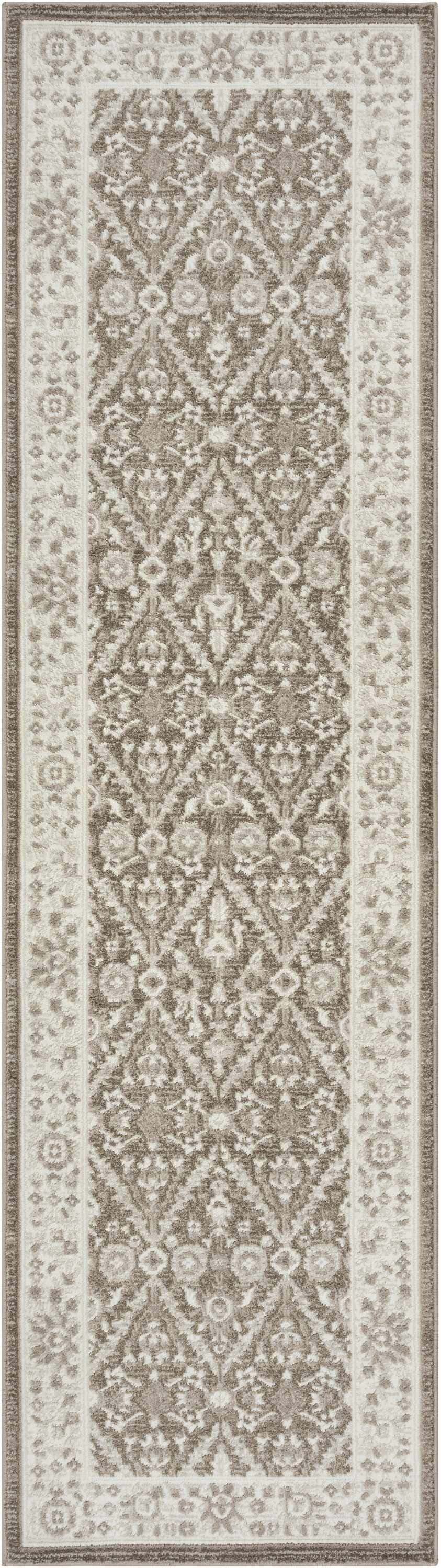 Close-up of Nourison Eco Cycle Ivory Mocha Vintage runner rug with chestnut floral and diamond pattern.