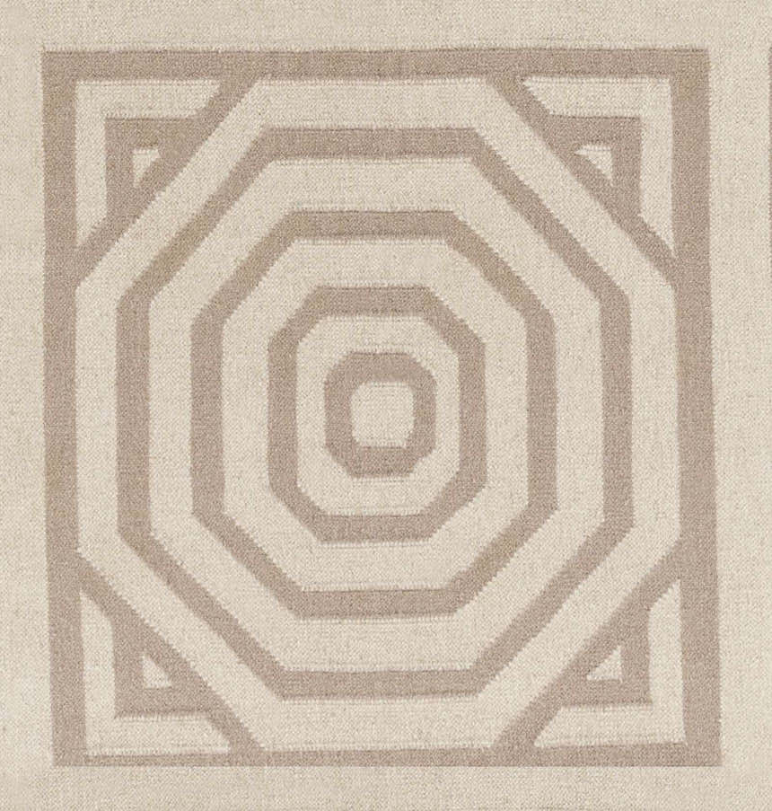 Close-up of the Terlton Ivory Greek Geometric Rug. Features a taupe octagon pattern on an ivory, hand-woven wool texture. Swatch