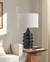Charcoal Modern Table Lamp with linen details for bedside or console tables