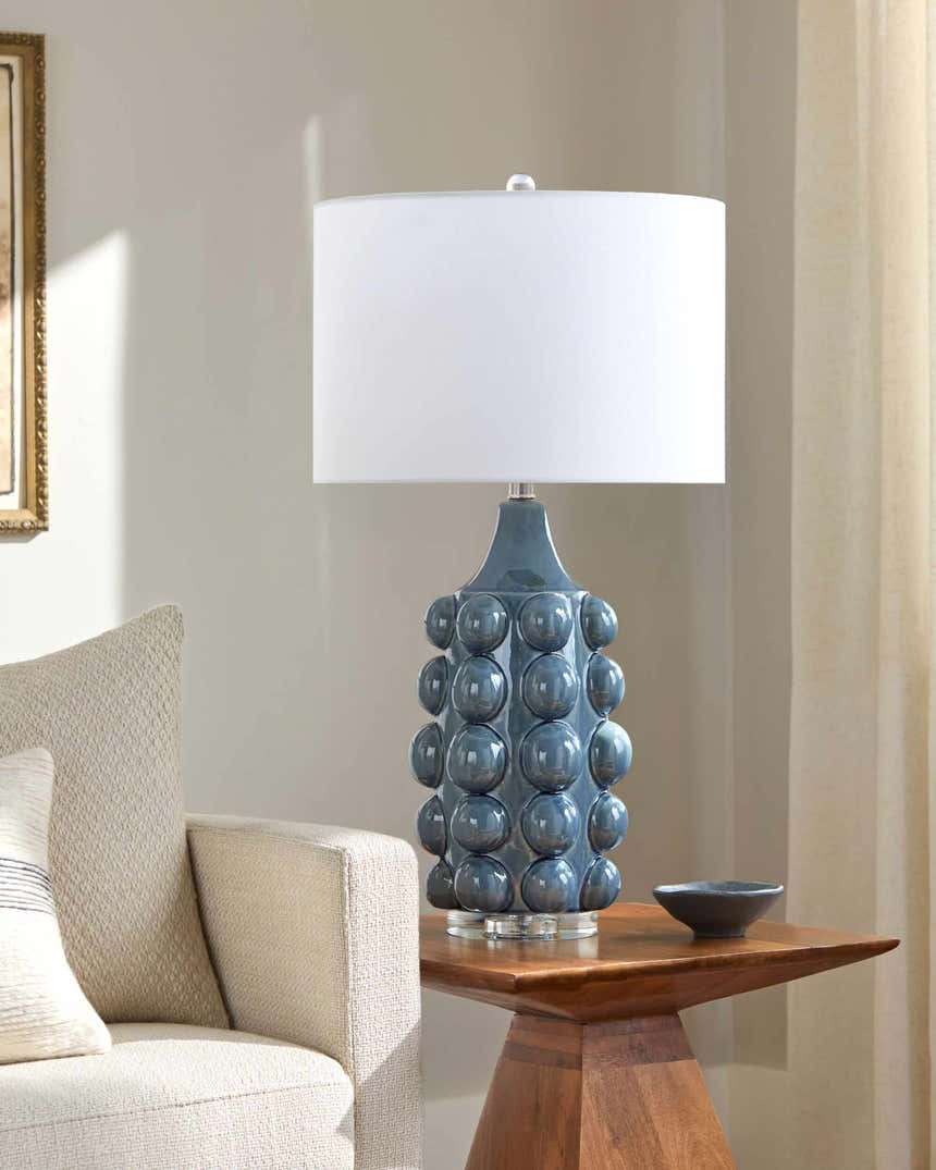 Aqua Blue Modern Table Lamp with linen details for bedside or console tables