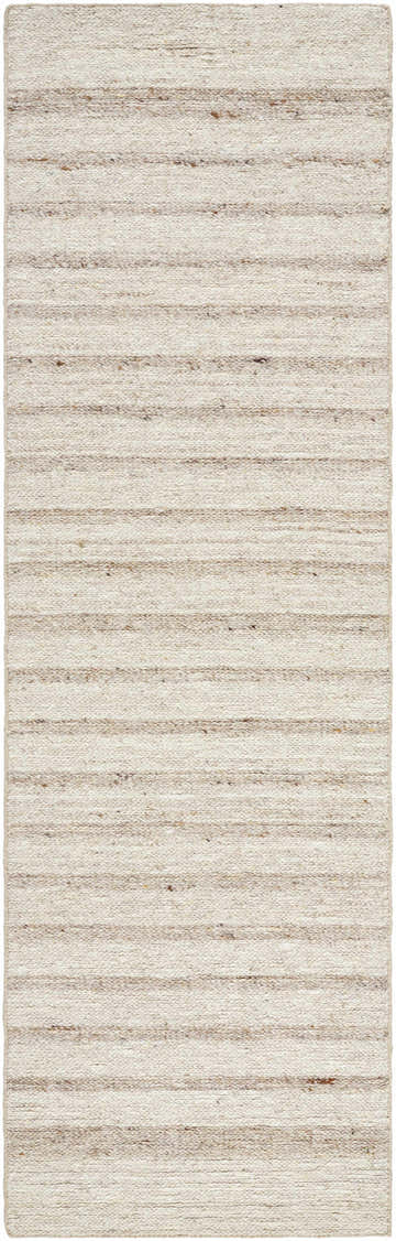 Close-up of the hand-tufted Trung Area Rug; ash and pearl wool with a subtle horizontal stripe pattern. Design-Runner-310