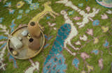 The Green Jungle Life Teal and Peach Peacock Bird Hand Knotted Custom Made Wool Area Rug