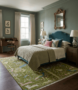 The Green Jungle Life Teal and Peach Peacock Bird Hand Knotted Custom Made Wool Area Rug
