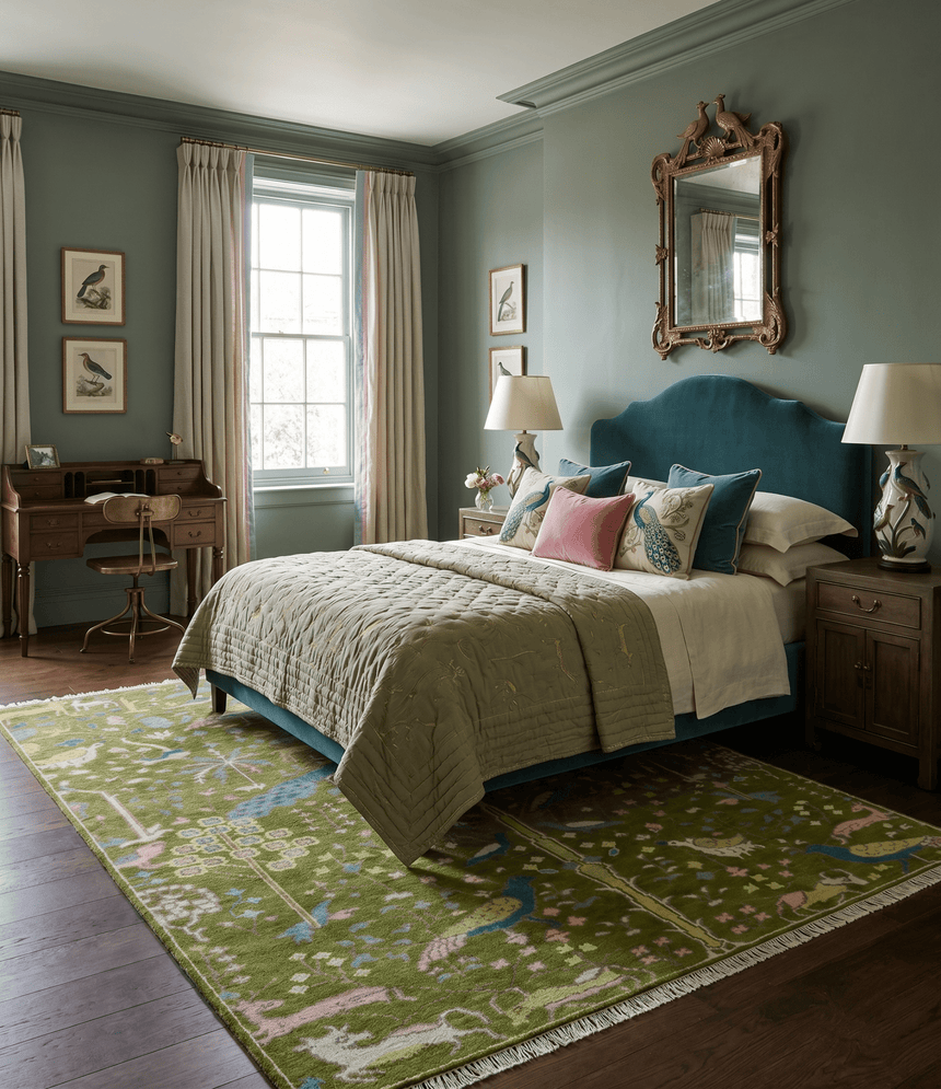 The Green Jungle Life Teal and Peach Peacock Bird Hand Knotted Custom Made Wool Area Rug