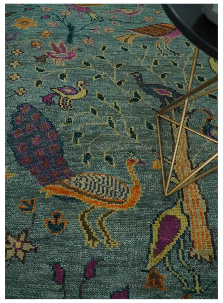 The Jungle Life Peacock on tree Rug Hand Knotted Multi Size Green Wool Rug