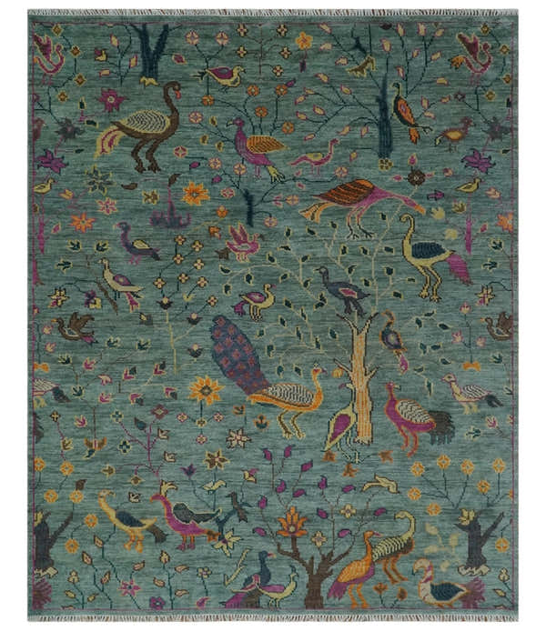 The Jungle Life Peacock on tree Rug Hand Knotted Multi Size Green Wool Rug