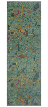 The Jungle Life Peacock on tree Rug Hand Knotted Multi Size Green Wool Rug