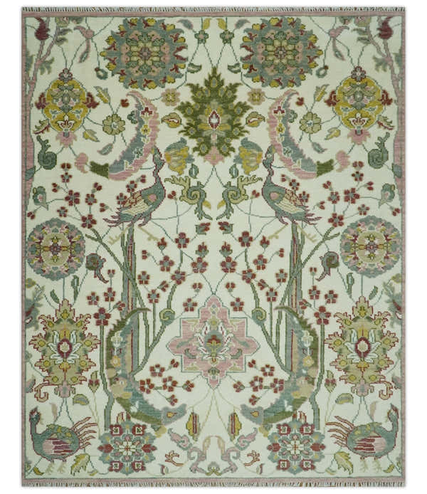 The Peacock Garden Ivory and Green Bird Hand Knotted Multi size Wool Area Rug