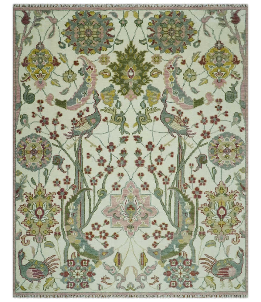 The Peacock Garden Ivory and Green Bird Hand Knotted Multi size Wool Area Rug