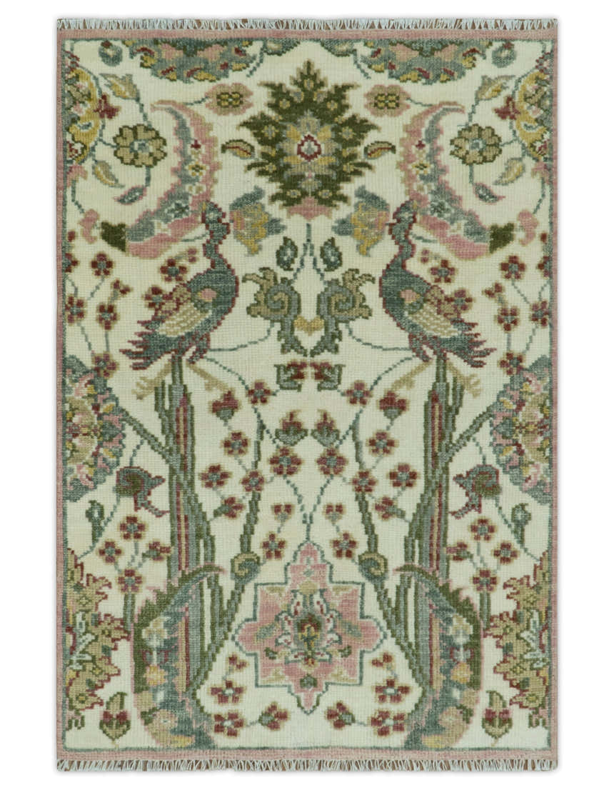 The Peacock Garden Ivory and Green Bird Hand Knotted Multi size Wool Area Rug