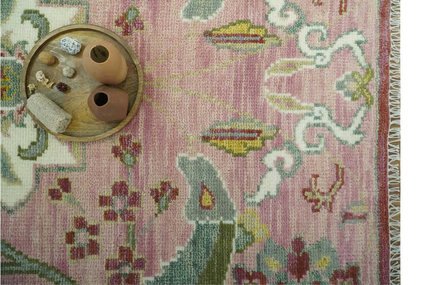 The Peacock Garden Pink and Green Peacock Bird Hand Knotted Multi size Wool Area Rug