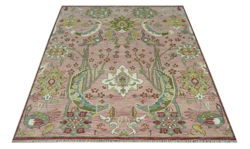The Peacock Garden Pink and Green Peacock Bird Hand Knotted Multi size Wool Area Rug