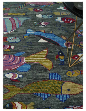 The Sea Life vibrant Colorful Fish Gray Rug Hand Knotted Multi Size Wool Area Rug