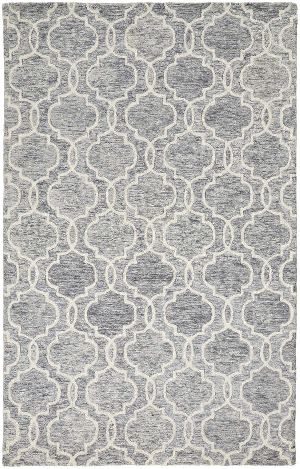 Close-up of the Feizy Belfort Area Rug, a hand-tufted wool rug with a blue, gray, and ivory trellis pattern. Design-Rectangle