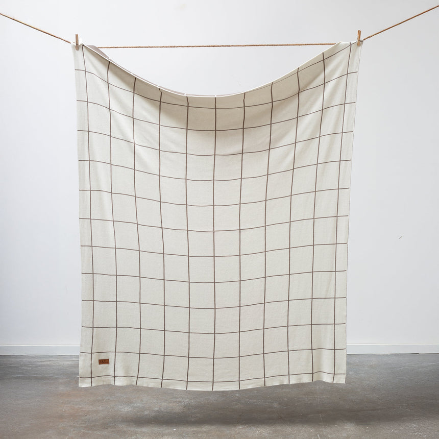 100% Cotton Knitted Throw - Grid in Latte and Cream