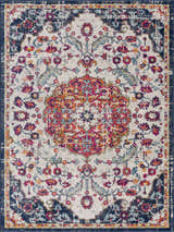 Close-up of the Tigril Blue & Orange 2304 Area Rug. Bohemian style rug with ivory, navy, red, and floral pattern. Design-Rectangle