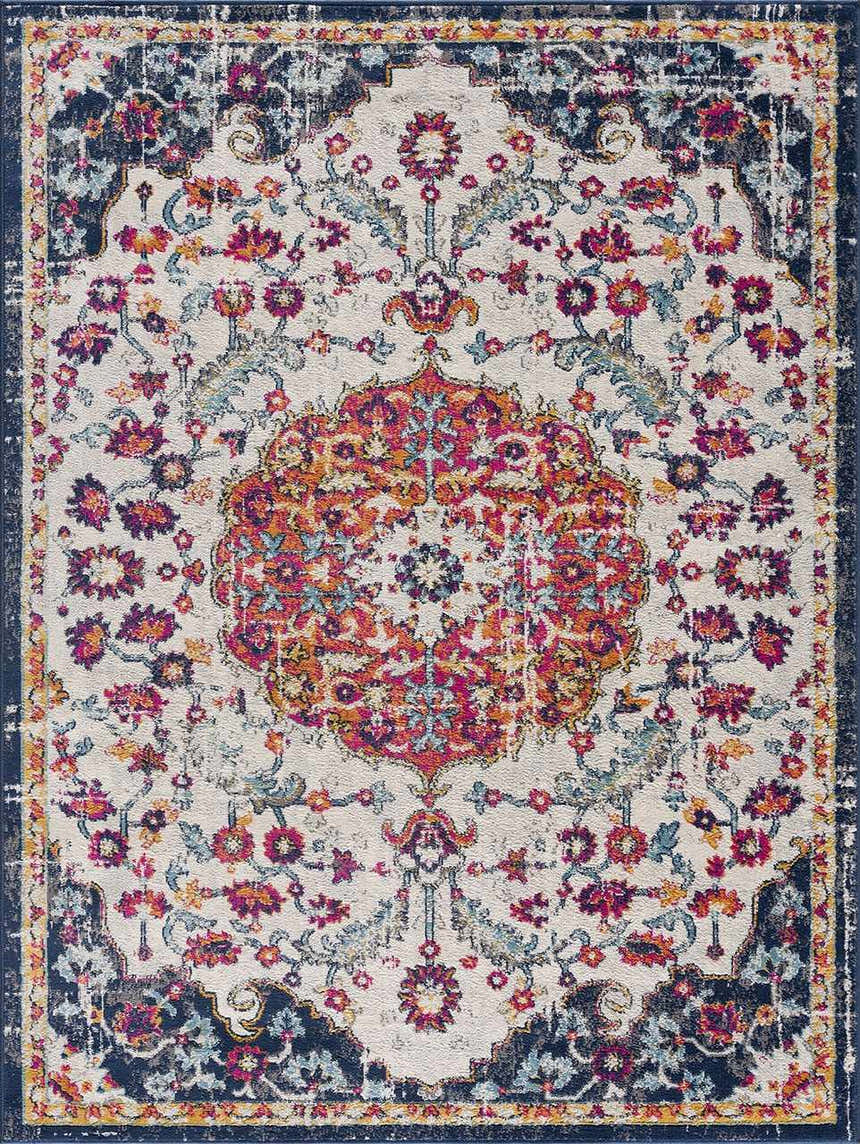 Close-up of the Tigril Blue & Orange 2304 Area Rug. Bohemian style rug with ivory, navy, red, and floral pattern. Design-Rectangle
