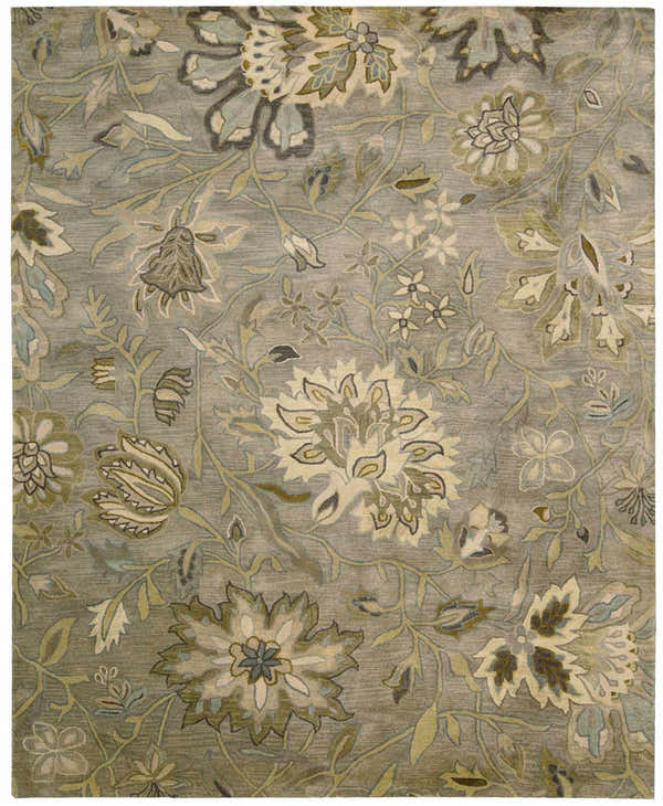 Close-up of the Nourison Jaipur Silver Floral Area Rug. Wool rug with a gray background and a delicate floral pattern.
