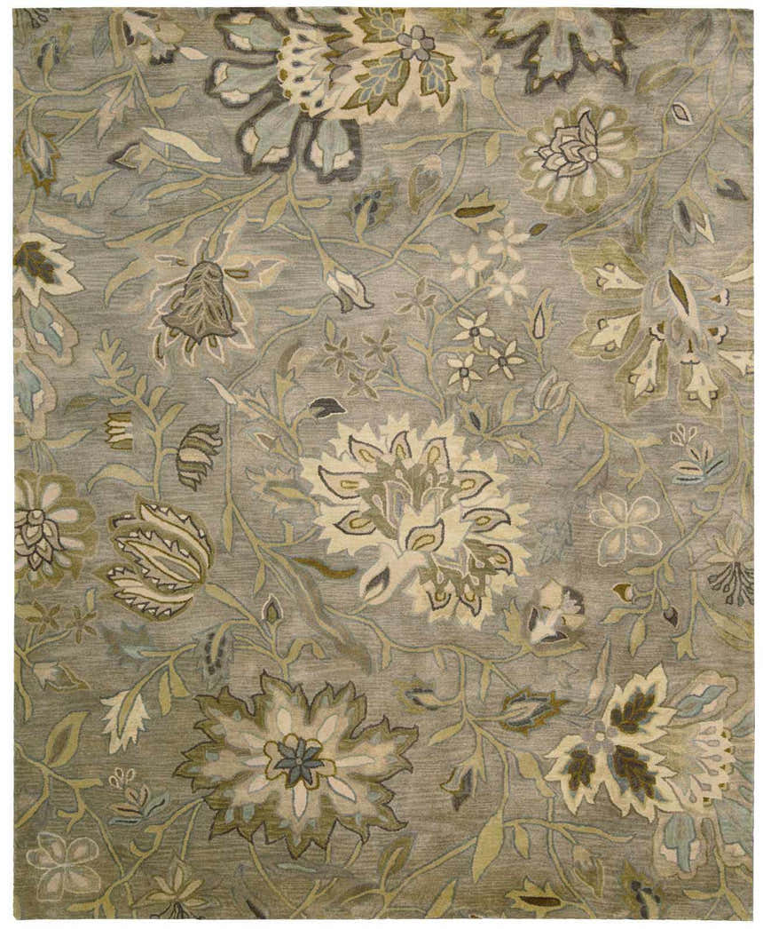 Close-up of the Nourison Jaipur Silver Floral Area Rug. Wool rug with a gray background and a delicate floral pattern.